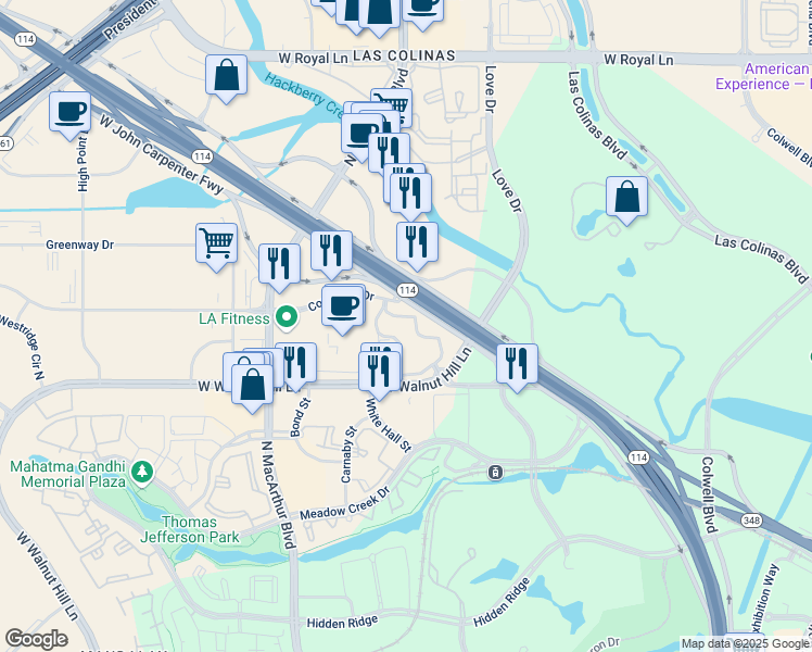 map of restaurants, bars, coffee shops, grocery stores, and more near 750 West John W Carpenter Freeway in Irving