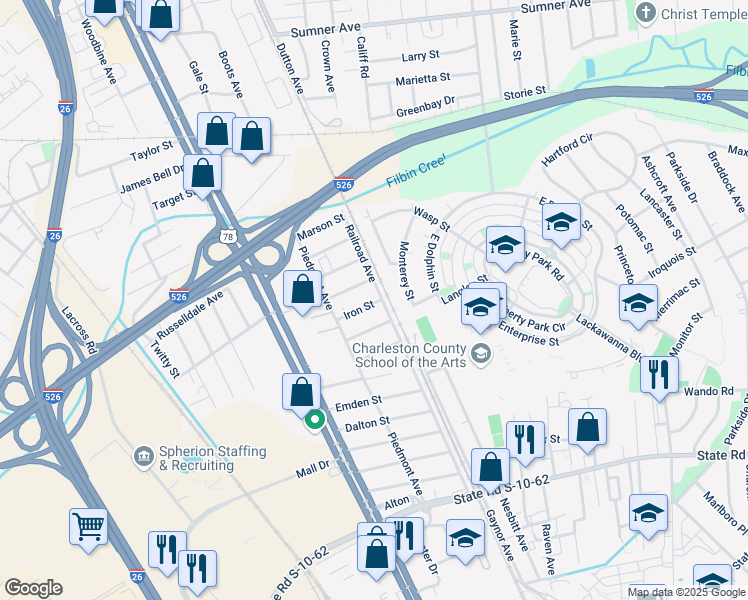 map of restaurants, bars, coffee shops, grocery stores, and more near 1901 Jason Street in North Charleston