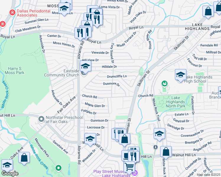 map of restaurants, bars, coffee shops, grocery stores, and more near 7630 Tory Sound Street in Dallas