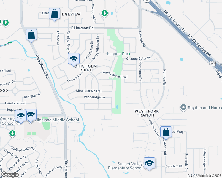map of restaurants, bars, coffee shops, grocery stores, and more near 1425 Bluff Oak Way in Fort Worth