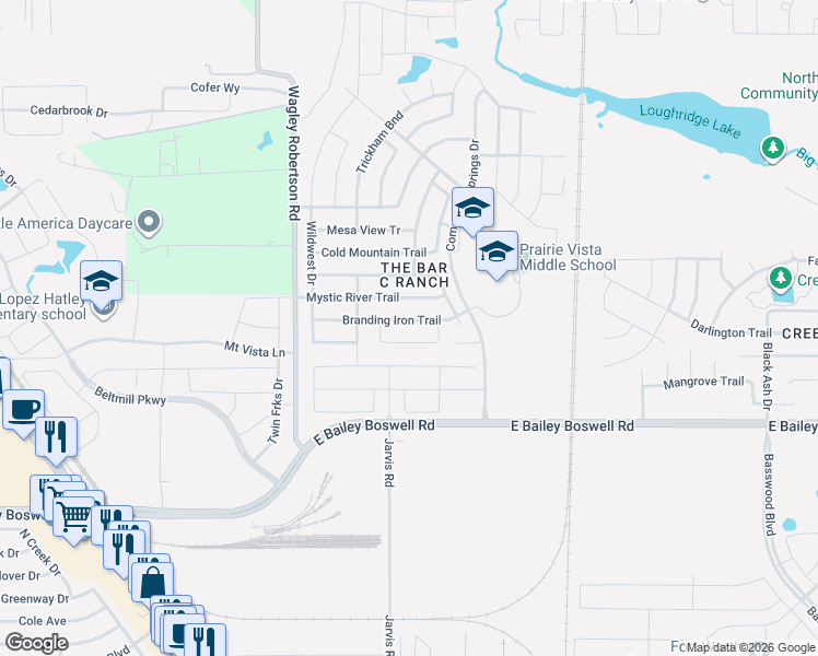 map of restaurants, bars, coffee shops, grocery stores, and more near 404 Branding Iron Trail in Fort Worth