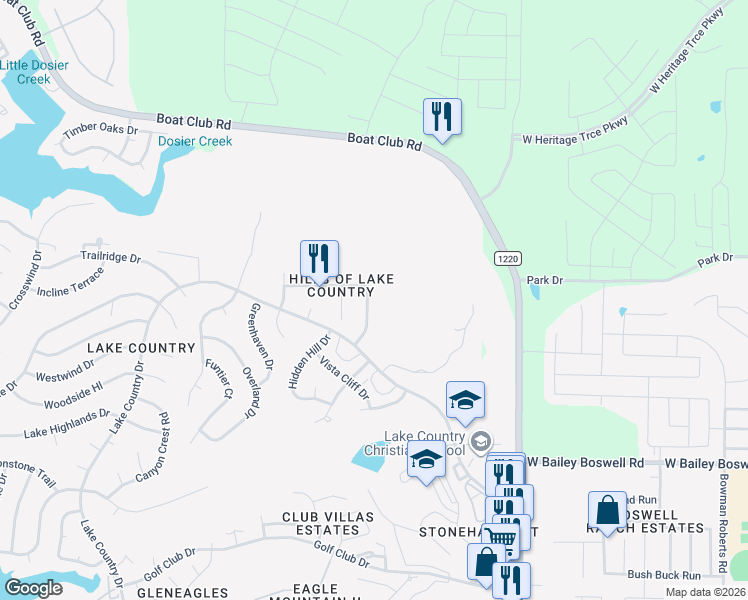 map of restaurants, bars, coffee shops, grocery stores, and more near 7308 Lake Rock Drive in Fort Worth
