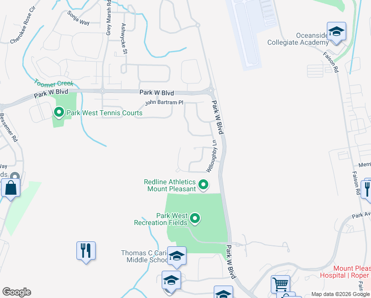 map of restaurants, bars, coffee shops, grocery stores, and more near 1073 Willoughby Lane in Mount Pleasant