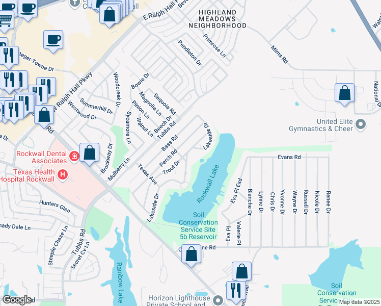 map of restaurants, bars, coffee shops, grocery stores, and more near 507 Trout Street in Rockwall