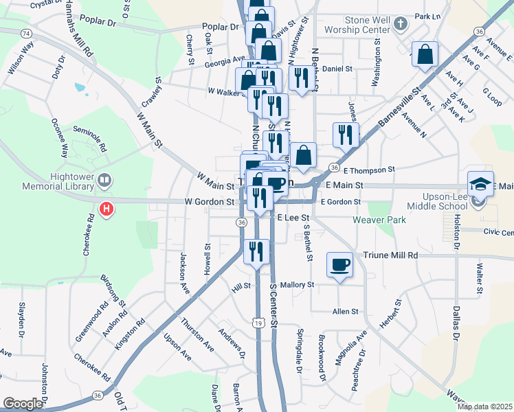 map of restaurants, bars, coffee shops, grocery stores, and more near 225 South Church Street in Thomaston