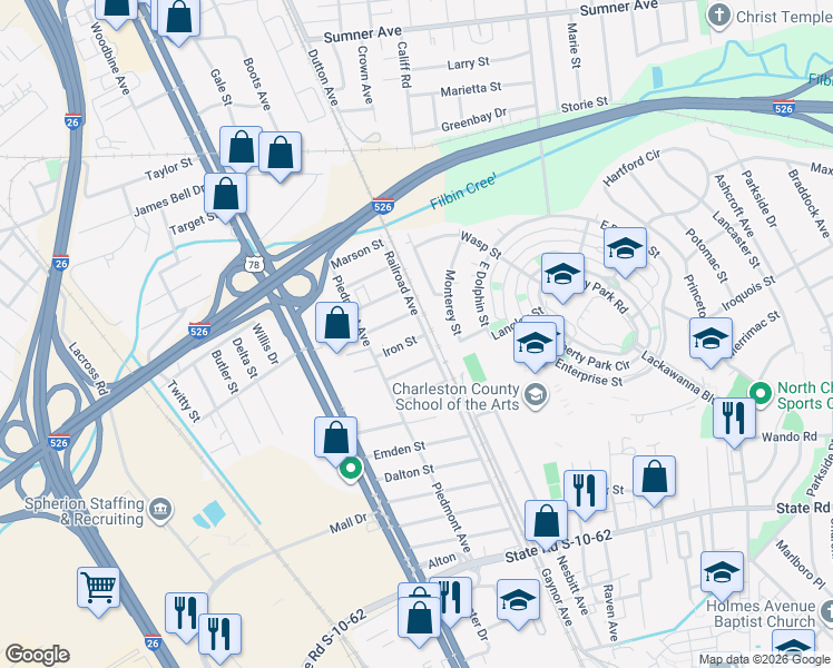 map of restaurants, bars, coffee shops, grocery stores, and more near 1901 Jason Street in North Charleston