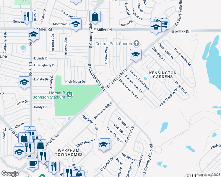 map of restaurants, bars, coffee shops, grocery stores, and more near 2602 South Country Club Road in Garland