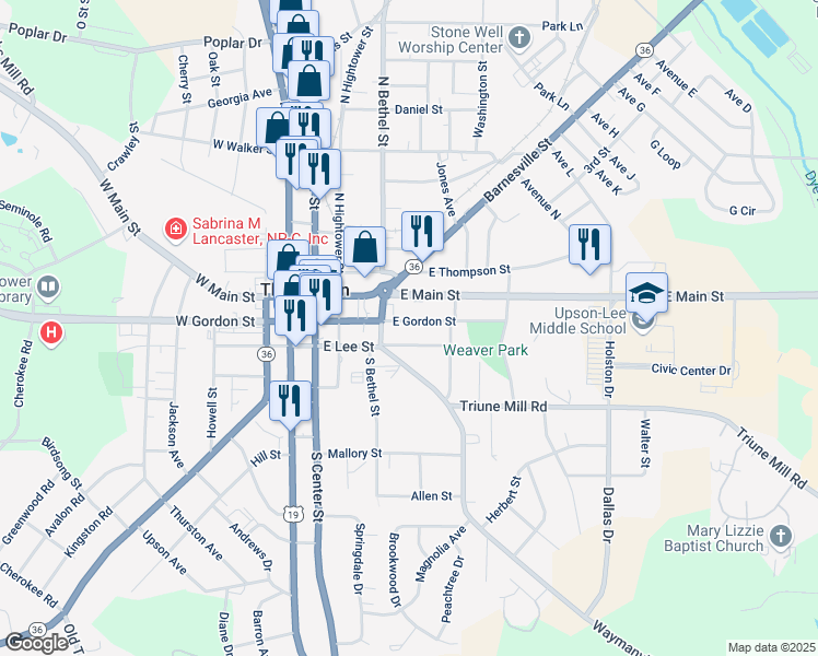 map of restaurants, bars, coffee shops, grocery stores, and more near 315 East Gordon Street in Thomaston