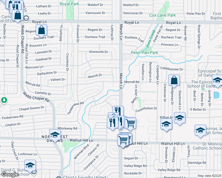 map of restaurants, bars, coffee shops, grocery stores, and more near 3626 Merrell Road in Dallas