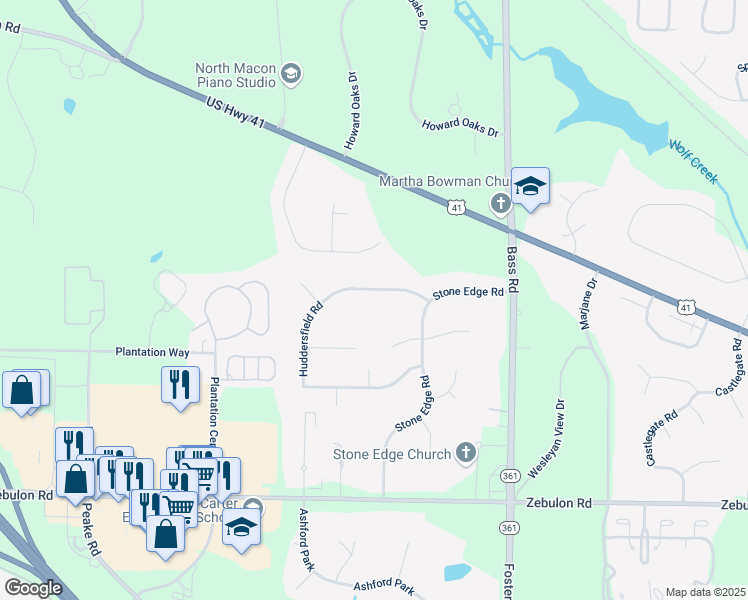 map of restaurants, bars, coffee shops, grocery stores, and more near 5931 Huddersfield Road in Macon