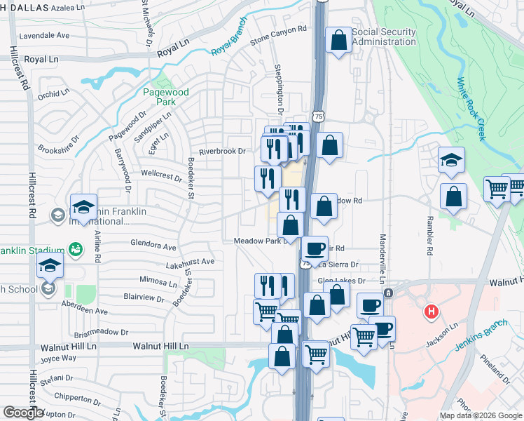 map of restaurants, bars, coffee shops, grocery stores, and more near 10404 High Hollows Drive in Dallas