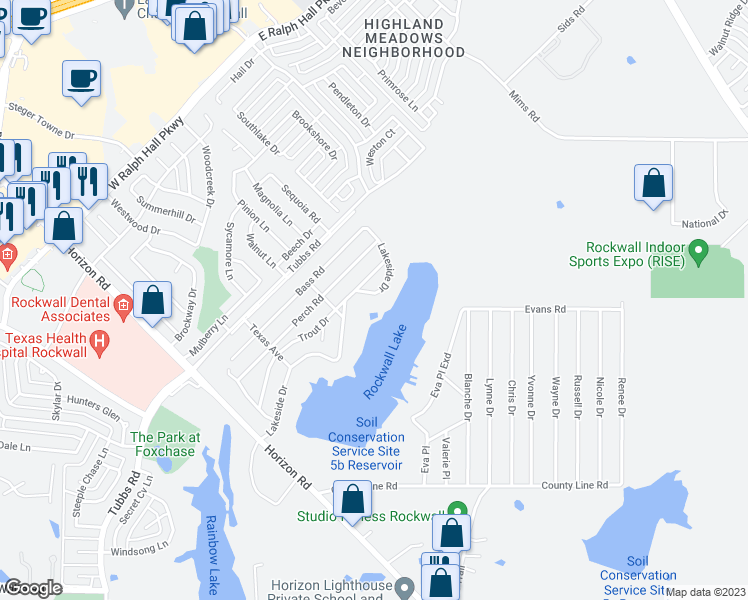 map of restaurants, bars, coffee shops, grocery stores, and more near 755 Lakeside Drive in Rockwall