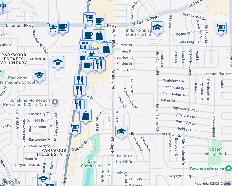 map of restaurants, bars, coffee shops, grocery stores, and more near 7909 Prairie Drive in Watauga