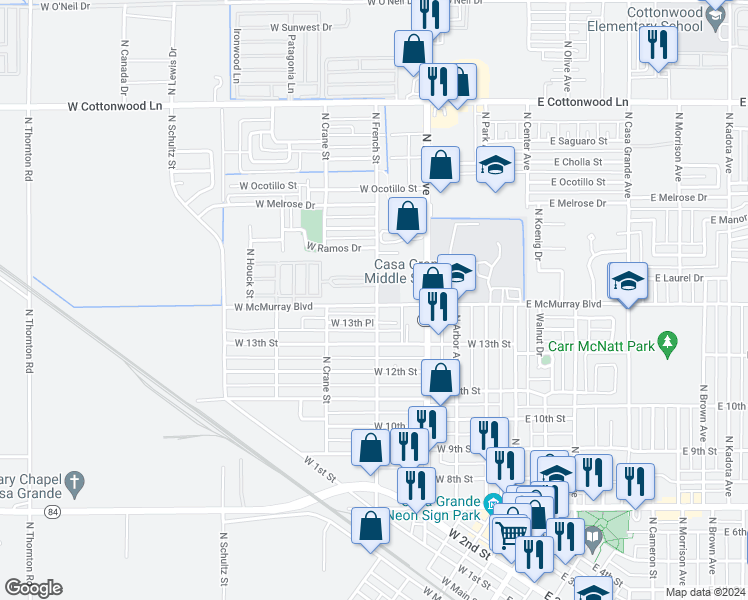 map of restaurants, bars, coffee shops, grocery stores, and more near 468 North French Street in Casa Grande