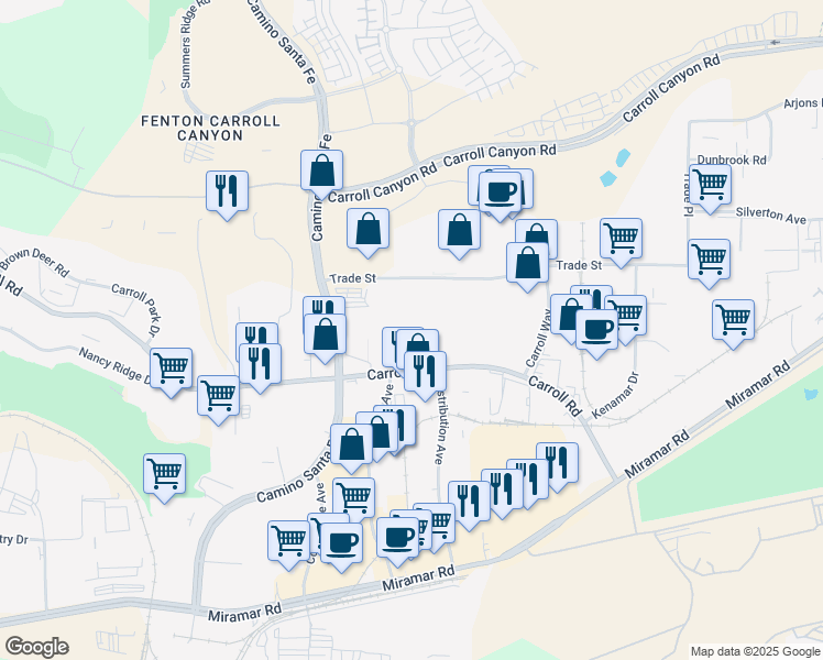 map of restaurants, bars, coffee shops, grocery stores, and more near 9850 Distribution Avenue in San Diego