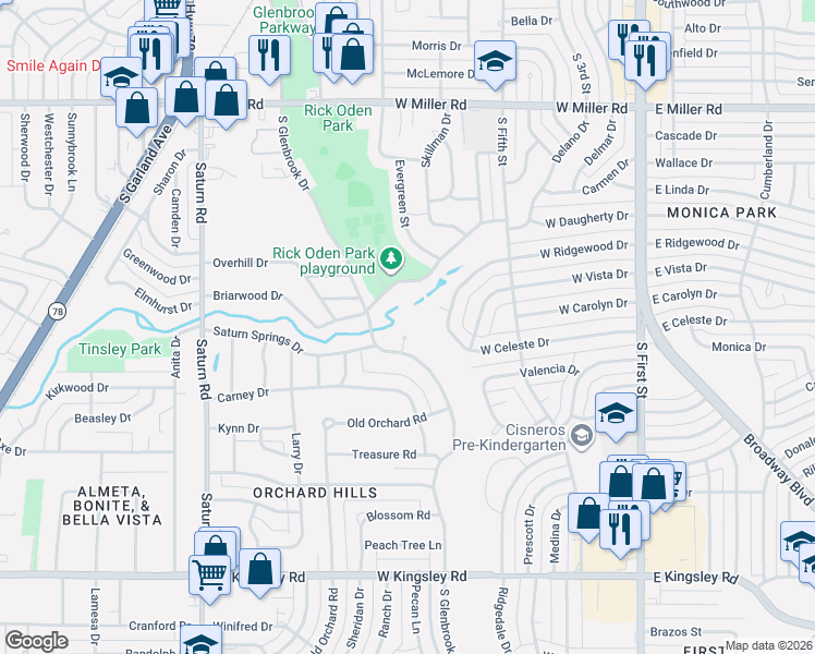 map of restaurants, bars, coffee shops, grocery stores, and more near 999999 Briarwood Drive in Garland
