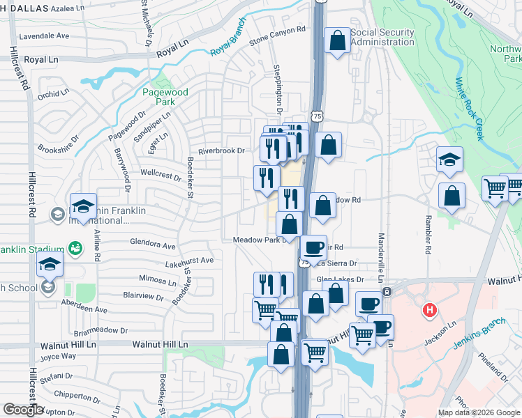 map of restaurants, bars, coffee shops, grocery stores, and more near 10404 High Hollows Drive in Dallas