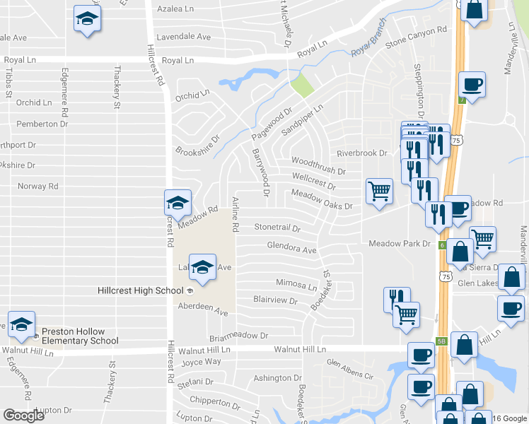 map of restaurants, bars, coffee shops, grocery stores, and more near 7131 Meadow Road in Dallas