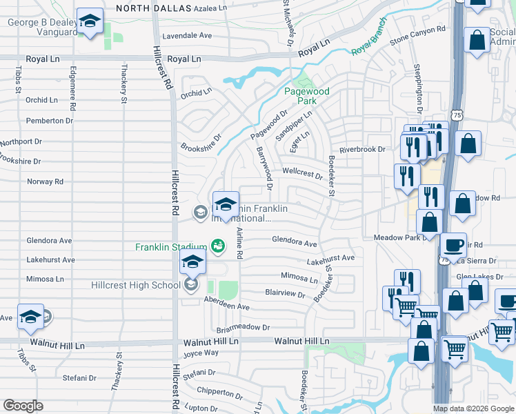 map of restaurants, bars, coffee shops, grocery stores, and more near 7131 Meadow Road in Dallas