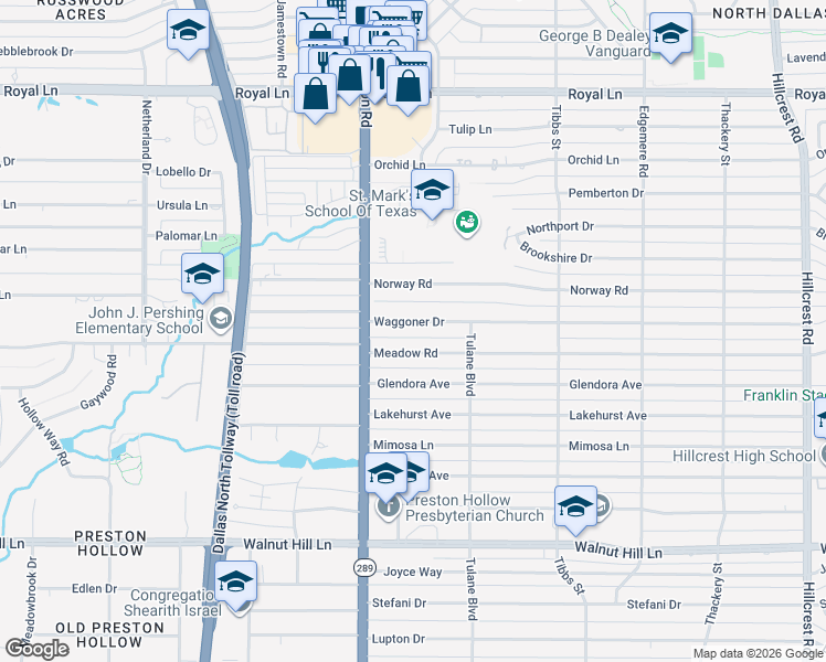 map of restaurants, bars, coffee shops, grocery stores, and more near 6039 Waggoner Drive in Dallas