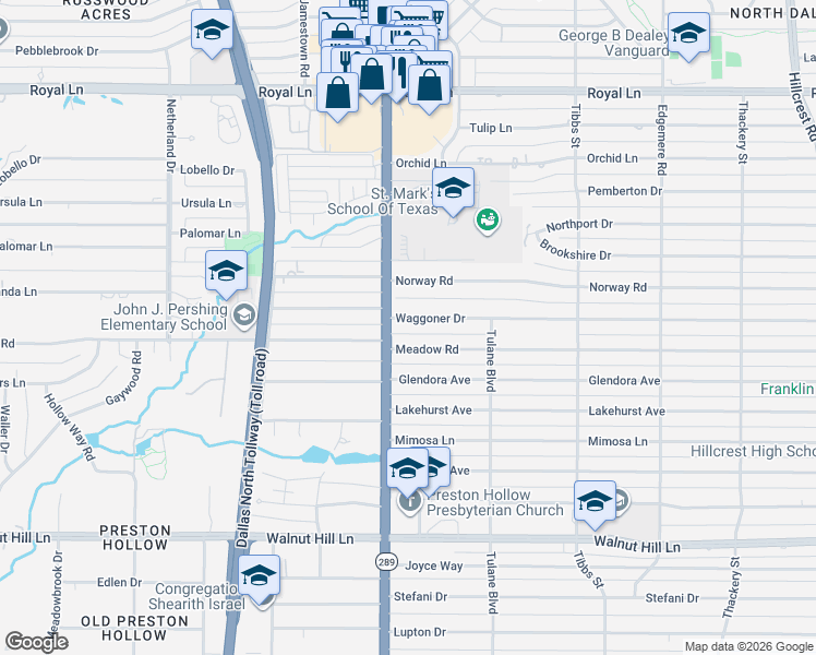 map of restaurants, bars, coffee shops, grocery stores, and more near 6039 Waggoner Drive in Dallas