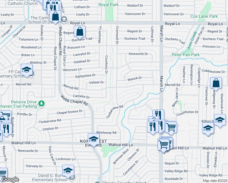 map of restaurants, bars, coffee shops, grocery stores, and more near 10405 Cromwell Drive in Dallas