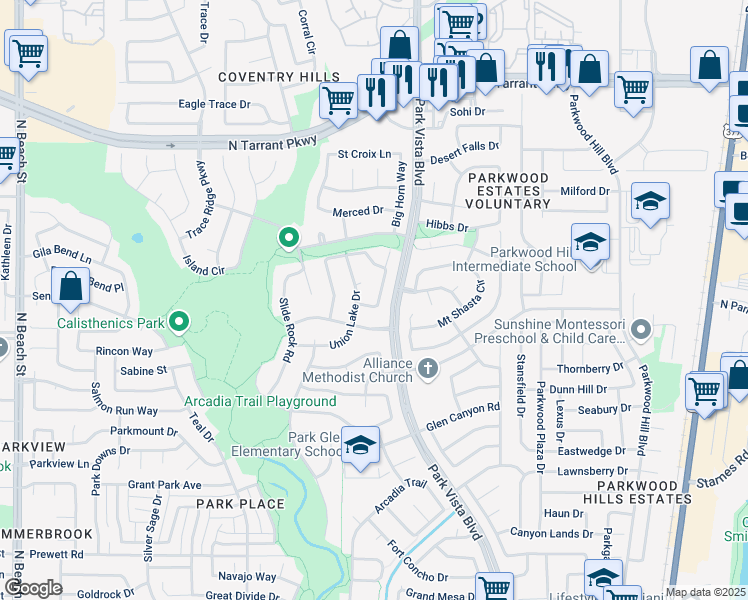 map of restaurants, bars, coffee shops, grocery stores, and more near 8116 Union Lake Drive in Fort Worth