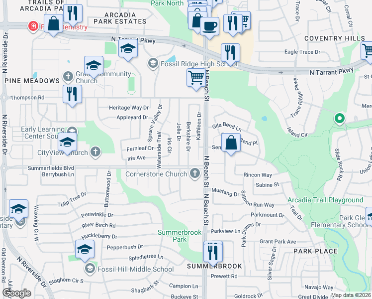 map of restaurants, bars, coffee shops, grocery stores, and more near 8055 Berkshire Drive in Fort Worth