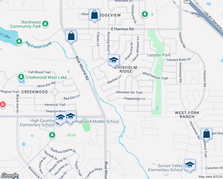 map of restaurants, bars, coffee shops, grocery stores, and more near 1113 Salt Creek Trail in Fort Worth