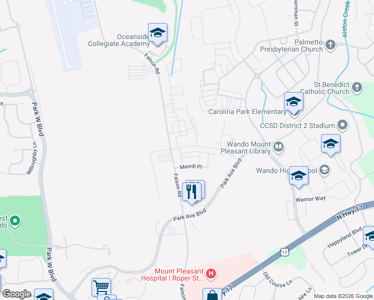 map of restaurants, bars, coffee shops, grocery stores, and more near Faison Road in Mount Pleasant