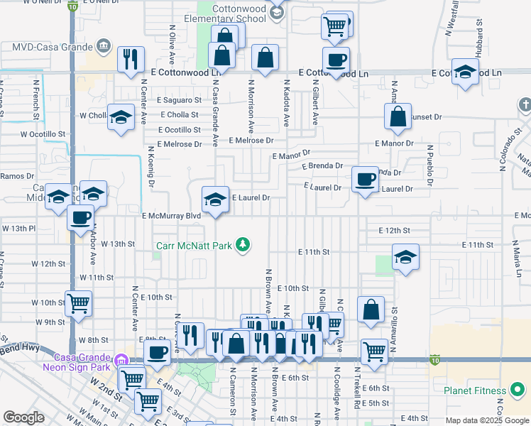 map of restaurants, bars, coffee shops, grocery stores, and more near 1409 North Brown Avenue in Casa Grande
