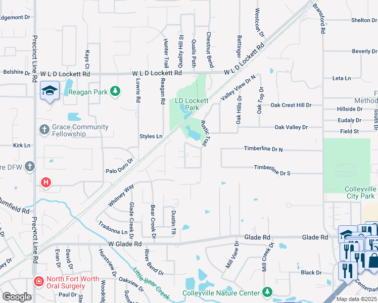 map of restaurants, bars, coffee shops, grocery stores, and more near 5400 Rustic Trail in Colleyville