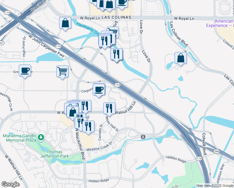 map of restaurants, bars, coffee shops, grocery stores, and more near 750 West John Carpenter Freeway in Irving