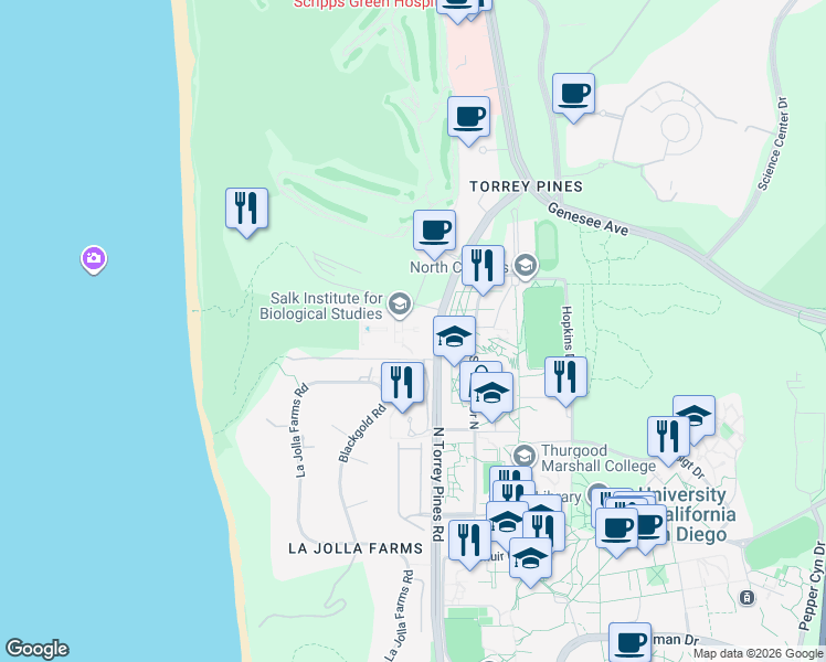 map of restaurants, bars, coffee shops, grocery stores, and more near 10010 North Torrey Pines Road in San Diego
