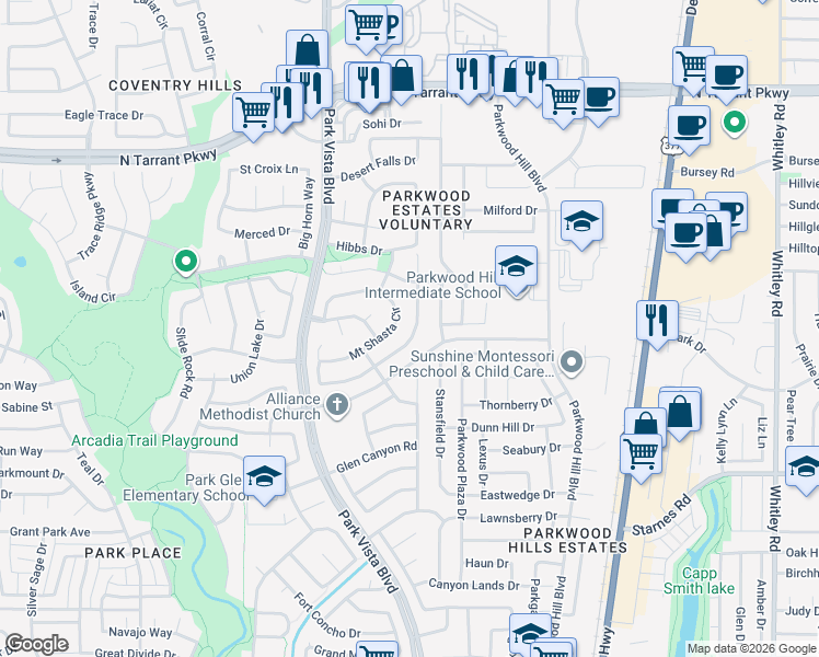 map of restaurants, bars, coffee shops, grocery stores, and more near 5513 Mount McKinley Road in Fort Worth