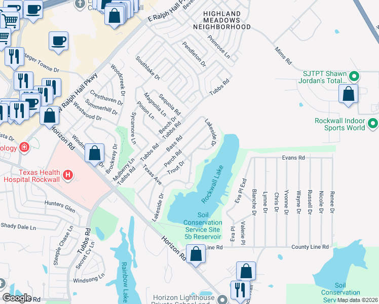 map of restaurants, bars, coffee shops, grocery stores, and more near 524 Trout Street in Rockwall