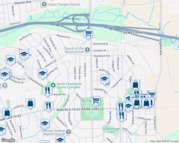map of restaurants, bars, coffee shops, grocery stores, and more near 5001 North Rhett Avenue in North Charleston