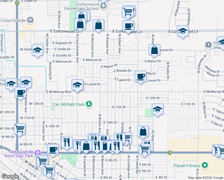 map of restaurants, bars, coffee shops, grocery stores, and more near 711 East Laurel Drive in Casa Grande