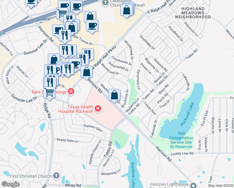 map of restaurants, bars, coffee shops, grocery stores, and more near 138 Elmridge Circle in Rockwall