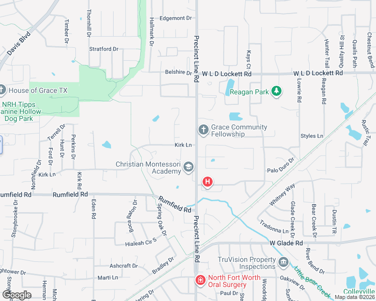 map of restaurants, bars, coffee shops, grocery stores, and more near 9520 Kirk Lane in North Richland Hills