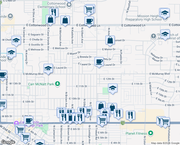 map of restaurants, bars, coffee shops, grocery stores, and more near 770 East Pepper Drive in Casa Grande