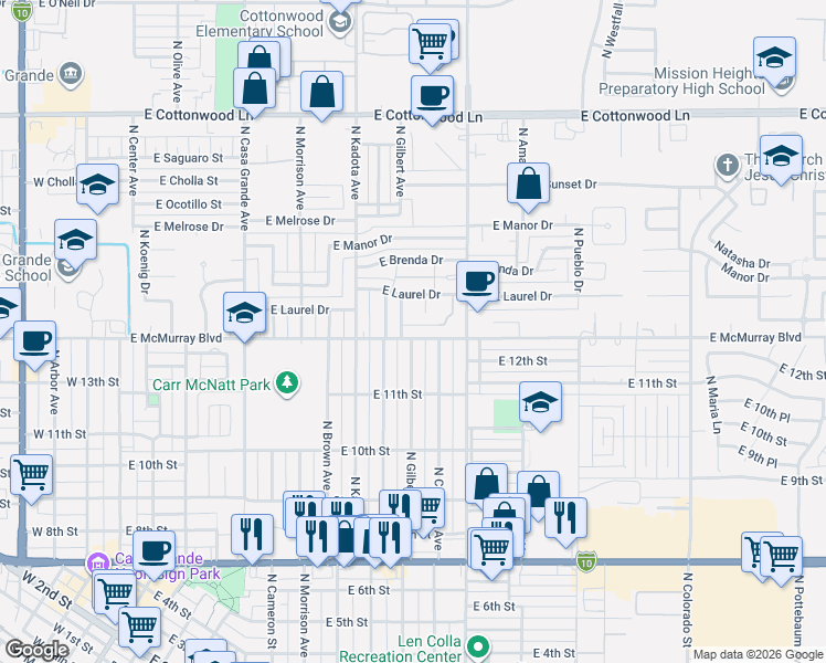 map of restaurants, bars, coffee shops, grocery stores, and more near 738 East Pepper Drive in Casa Grande
