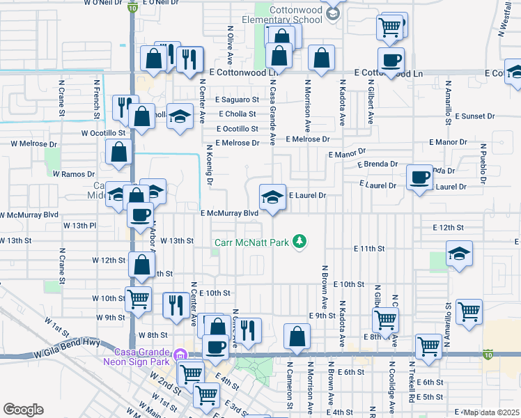 map of restaurants, bars, coffee shops, grocery stores, and more near 318 East Paseo De Paula in Casa Grande