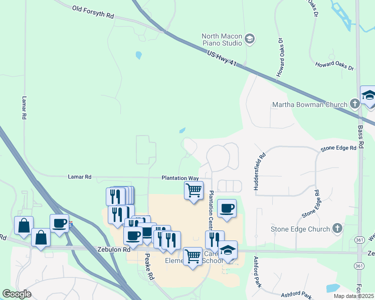 map of restaurants, bars, coffee shops, grocery stores, and more near 343 Plantation Way in Macon