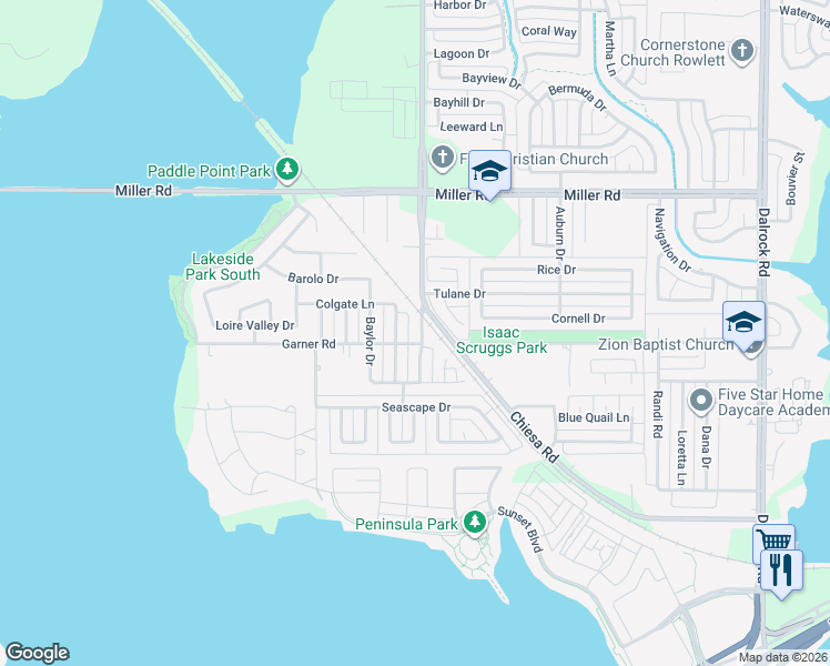 map of restaurants, bars, coffee shops, grocery stores, and more near 2721 Clemson Circle in Rowlett