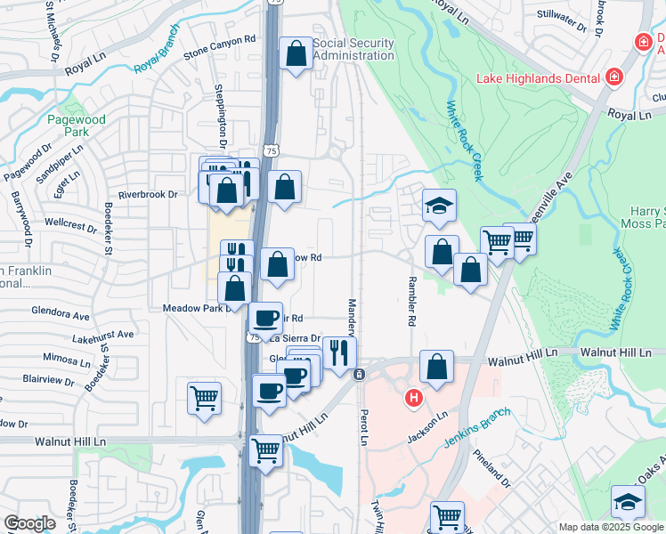 map of restaurants, bars, coffee shops, grocery stores, and more near 8130 Meadow Road in Dallas