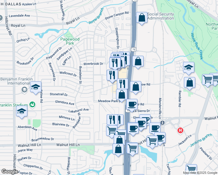 map of restaurants, bars, coffee shops, grocery stores, and more near 10404 High Hollows Drive in Dallas