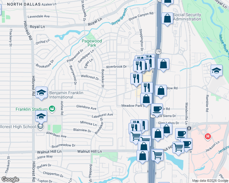 map of restaurants, bars, coffee shops, grocery stores, and more near 7617 Meadow Oaks Drive in Dallas