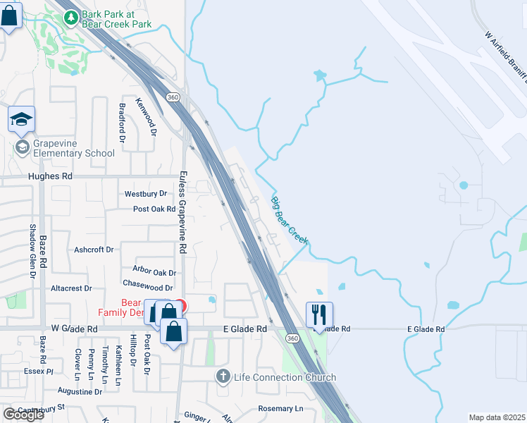 map of restaurants, bars, coffee shops, grocery stores, and more near 4501 State Highway 360 in Grapevine
