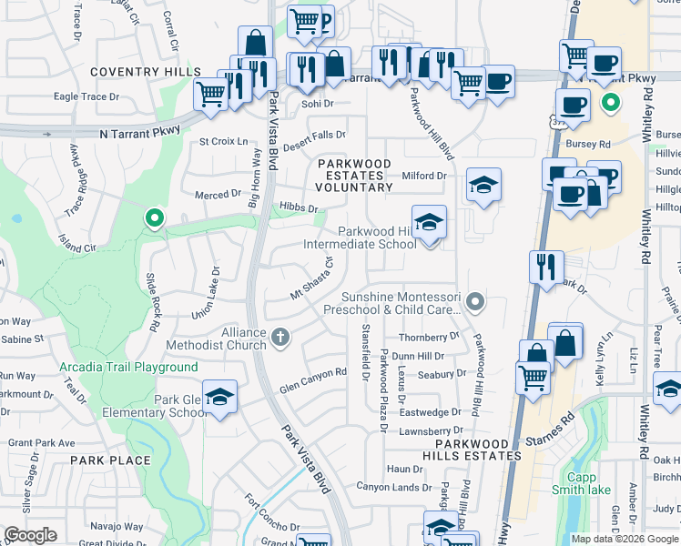 map of restaurants, bars, coffee shops, grocery stores, and more near 5513 Mount McKinley Road in Fort Worth